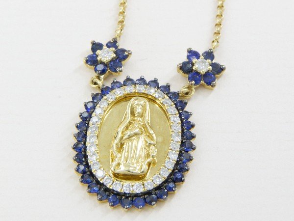 Colar Medalha Nossa Senhora Diamantes e Safiras Azuis