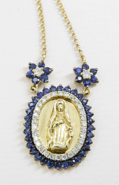 Colar Medalha Nossa Senhora Diamantes e Safiras Azuis