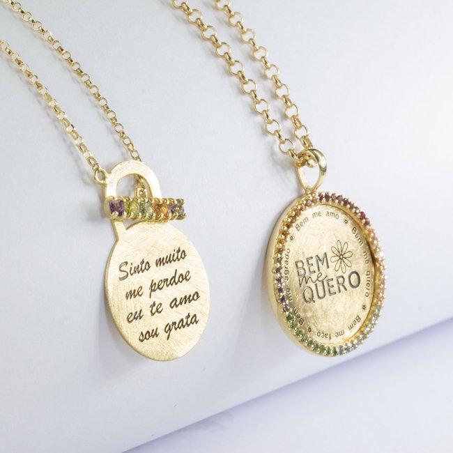 Colar medalha pedras preciosas Mantra