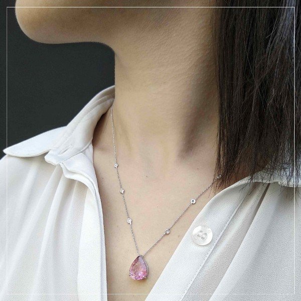 Colar Turmalina Rosa Pastilhas Diamantes