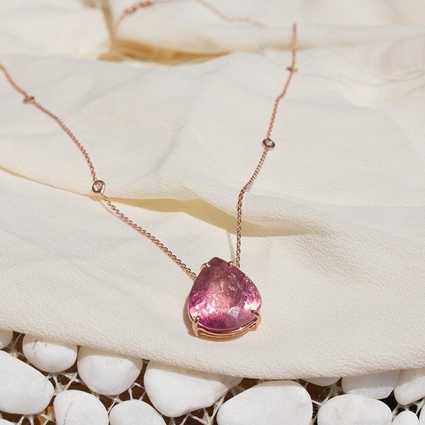 Colar Turmalina Rosa Pastilhas Diamantes
