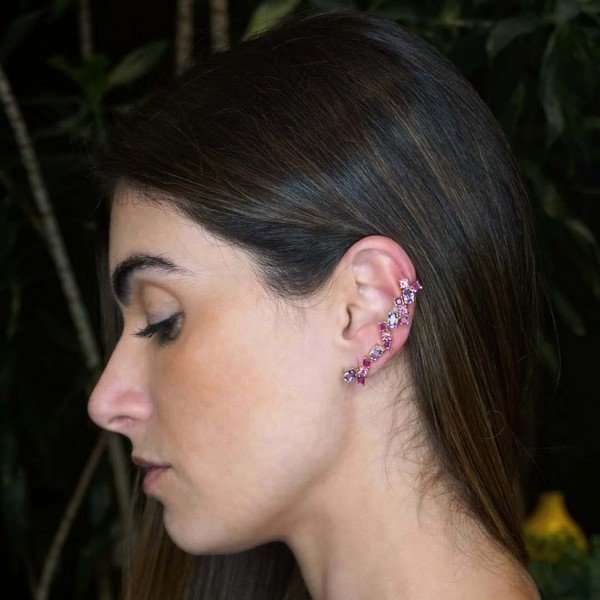 Earcuff long Ametistas e Turmalinas Rosas