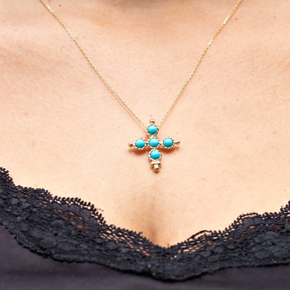 Pingente Cruz Cabochões Turquesa