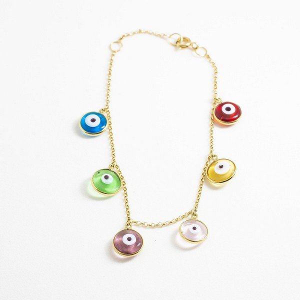 Pulseira 6 Olhinhos Gregos Coloridos em Ouro 18K