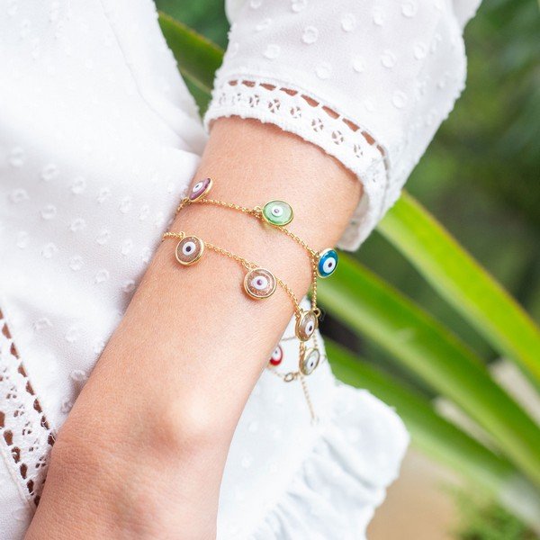 Pulseira 6 Olhinhos Gregos Coloridos em Ouro 18K
