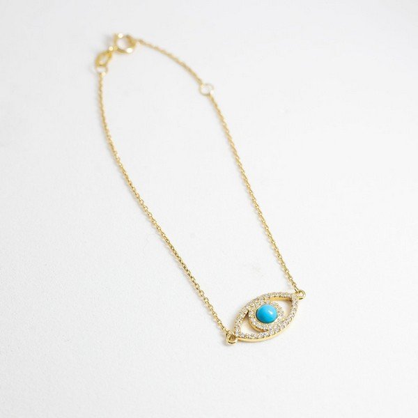 Pulseira Olho Cabochão Turquesa e Diamantes Brancos