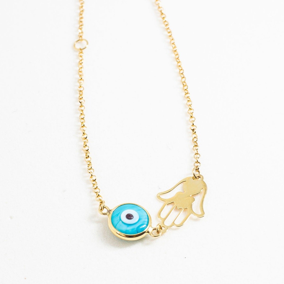 Pulseira Olho Grego Azul Claro Mão de Palma Ouro 18K