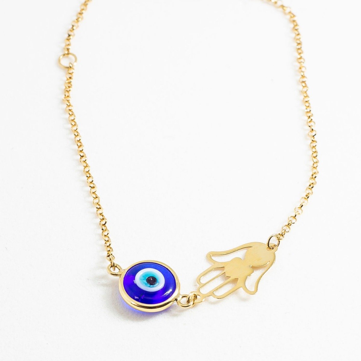 Pulseira Olho Grego Azul Mão de Palma Ouro 18K