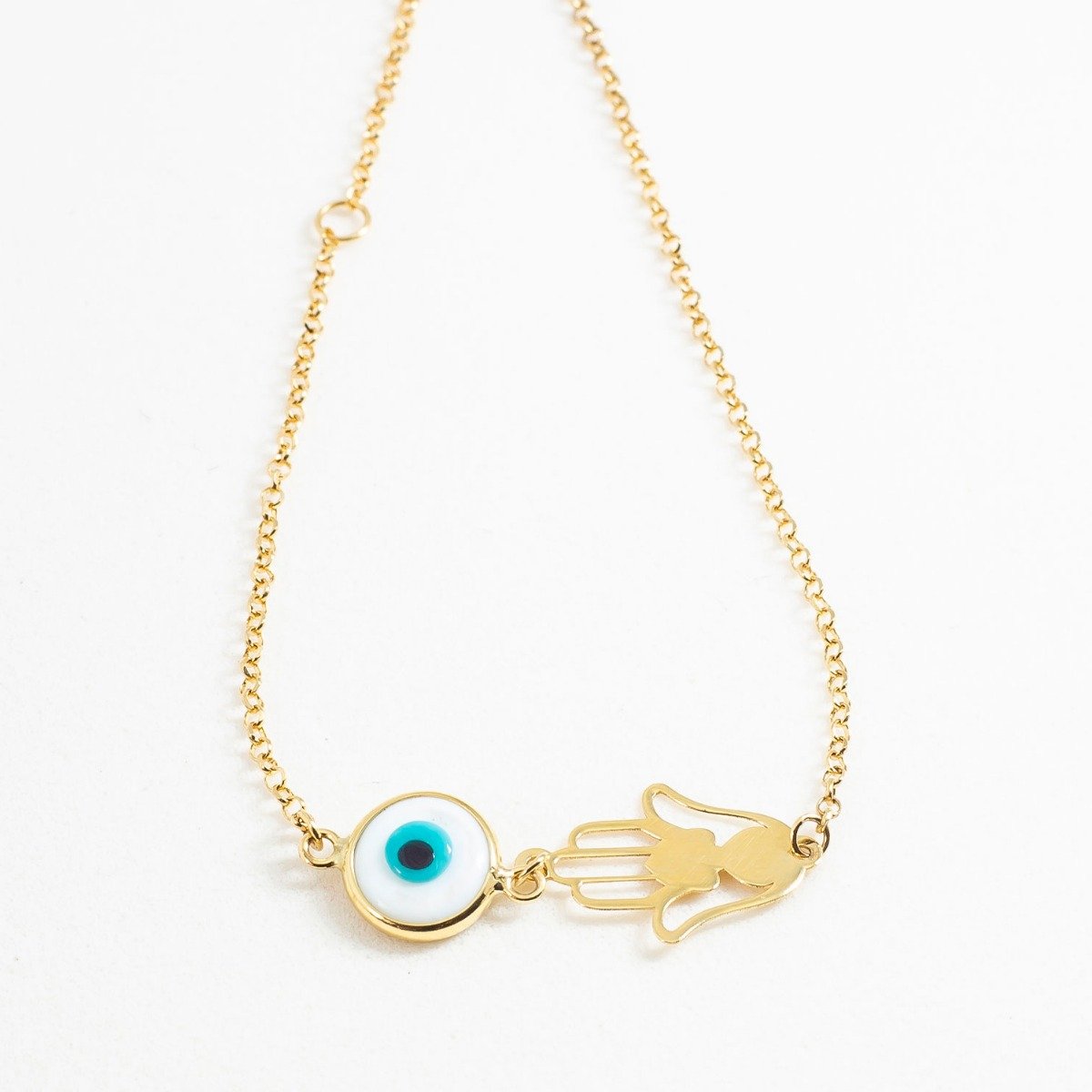 Pulseira Olho Grego Mão de Palma Ouro 18K