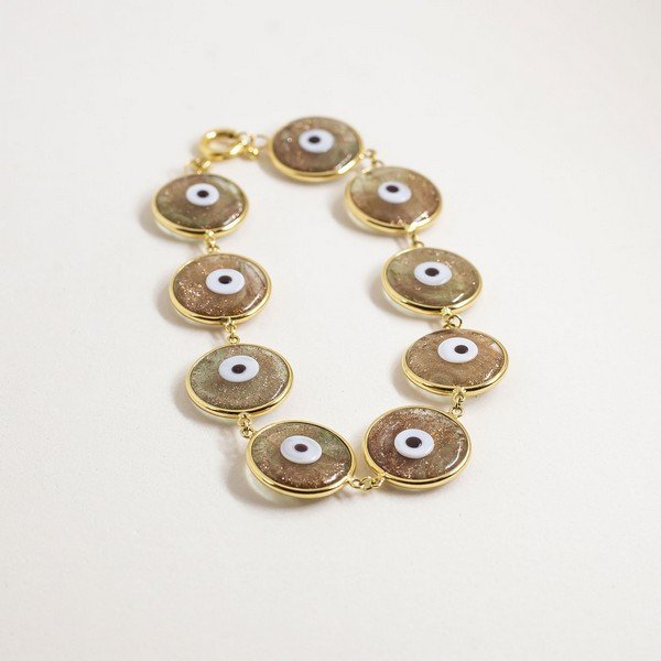 Pulseira Olhos Gregos Grandes Murano Dourados Ouro 18K