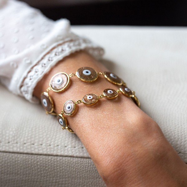 Pulseira Olhos Gregos Grandes Murano Dourados Ouro 18K