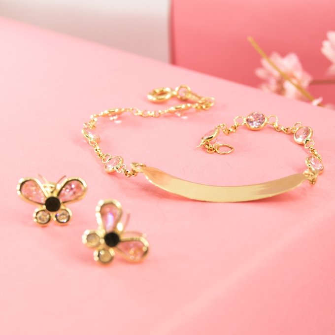 Pulseira Plaquinha Kids zircônias rosas