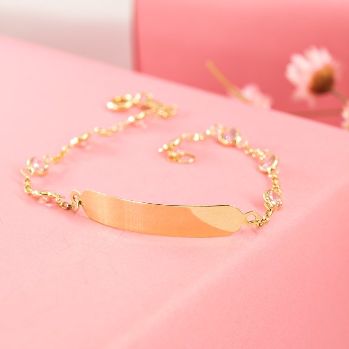 Pulseira Plaquinha Kids zircônias rosas