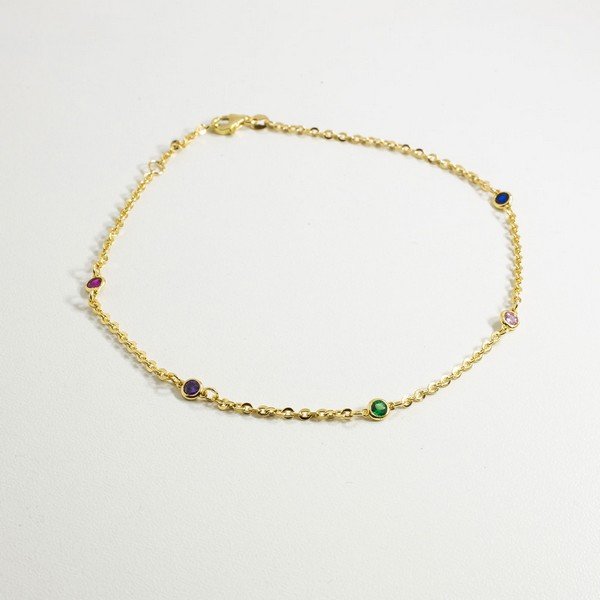 Tornozeleira Grumet Pastilhas de Zircônias Coloridas Ouro 18K